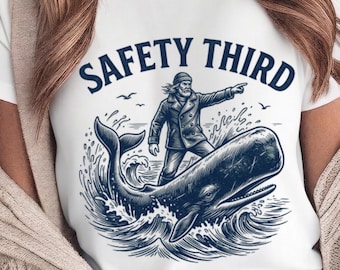 Safety Third Sailor Riding Whale T-Shirt | Nautical Maritime Graphic Tee