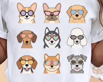 Dog Collage T-Shirt | Illustrated Breeds, Sunglasses Playful Style