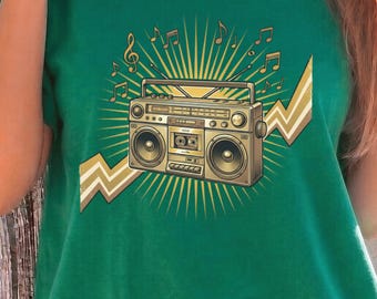 Retro-Boombox-T-Shirt, Vintage-Musiknoten-Grafik-T-Shirt aus den 80er-Jahren im Old-School-Hip-Hop-Stil
