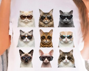 Maglietta con gatti con occhiali da sole e stampa a griglia / Ritratti giocosi di gatti - Abbigliamento stravagante per animali domestici