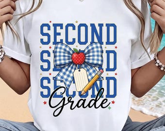 T-Shirt für die zweite Klasse | Blau kariertes Schleifenmotiv, Apfel- und Bleistift-Schuldesign