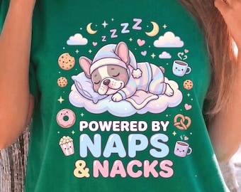 T-Shirt mit schlafender französischer Bulldogge – Nickerchen und Snacks – Grafik-T-Shirt