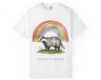 Badger Rainbow Graphic Tee, Watercolor Forest Animal Shirt,Different Is