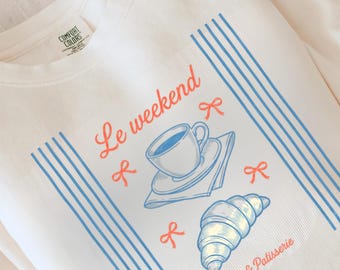 Le Weekend Croissant Coffee Cafe T-Shirt Französische Bäckerei Grafik Tee
