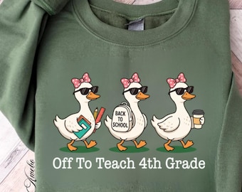 4th Grade Teacher Crewneck Sweatshirt, Cute Duck Back To School Gift For Her, Retro Fourth Grade Elementary School Teacher Tee