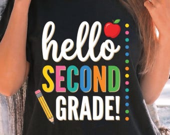 Hallo Team der zweiten Klasse! Lehrer-T-Shirt mit Schulanfangsmotiv.