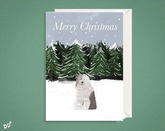 Old English Sheepdog Greeting Card: Snowy Scene, Dog Lover Gift