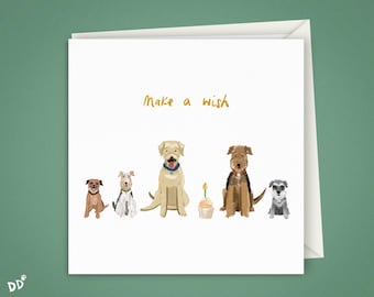 Make a Wish Dogs Greetings Card | 5"x5" Square 300gsm Card Birthday, Celebration, Well Done, Occasions