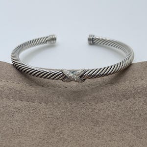 David Yurman Sterling Silver & Diamond X Station 4mm Cuff Bangle Bracelet