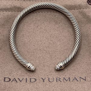 David Yurman Sterling Silver 5mm Pave Diamond Dome Tips Cable Classic Bracelet