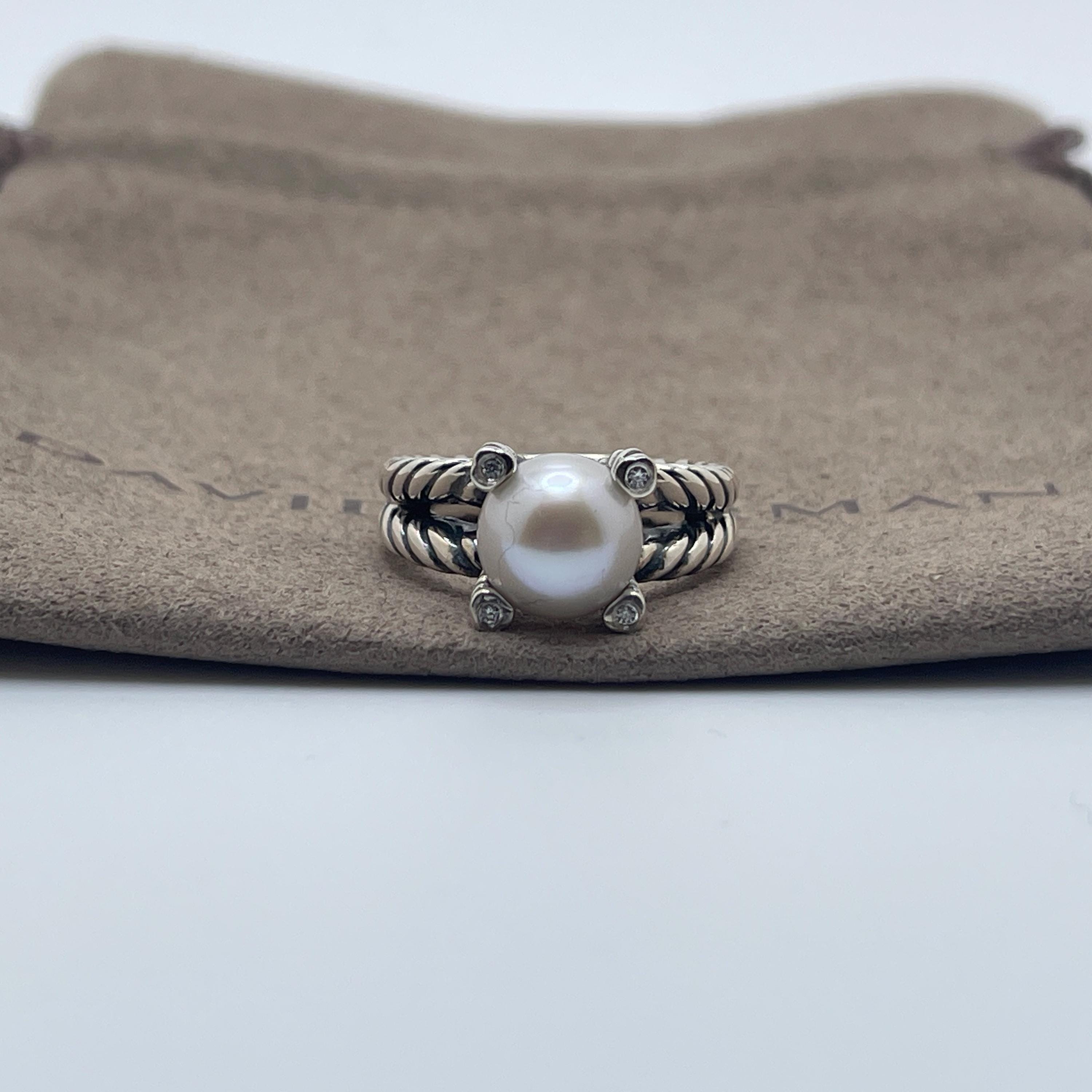 David Yurman 10mm Cultured Freshwater Pearl & Diamonds Ring Size 7