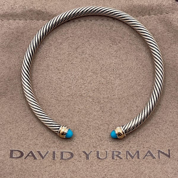 David Yurman Sterling Silver 4mm Turquoise & 18K Gold Cable Cuff Bracelet