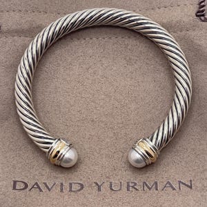 David Yurman Sterling Silver Pearl and 14K Gold 7mm Cable Cuff Bracelet