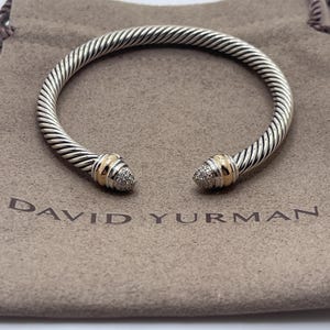 David Yurman Sterling Silver & 14K Gold 5mm Cable Cuff Bracelet Diamond Tips