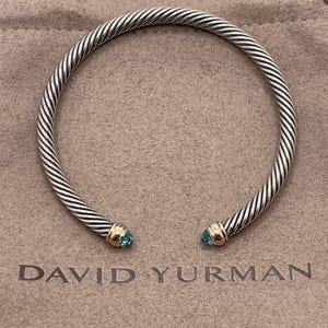 David Yurman Sterling Silver 4mm Blue Topaz & 18K Gold Cable Cuff Bracelet