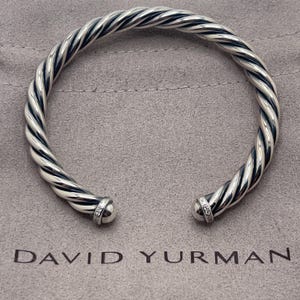 David Yurman Sterling Silver and Diamonds 6mm Cable Cuff Bracelet
