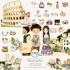 Puede incluir: Conjunto de imágenes prediseñadas de acuarela titulado "Italia en primavera" con ilustraciones de monumentos, comida, personas y accesorios italianos. El conjunto incluye el Coliseo, personas, comida y accesorios. La imagen tiene un fondo transparente.