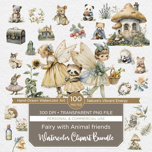 Paquete de imágenes prediseñadas de hadas de madera con acuarela, siluetas de animales vintage para scrapbooking, cuentos de hadas, diario basura, uso comercial, decoración infantil para guardería