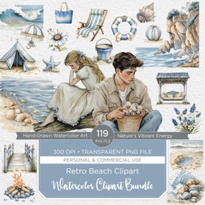 Paquete de imágenes prediseñadas de playa retro de acuarela, álbum de recortes de playa vintage, imágenes prediseñadas de costa, silueta, diario basura, uso comercial, imágenes prediseñadas del océano