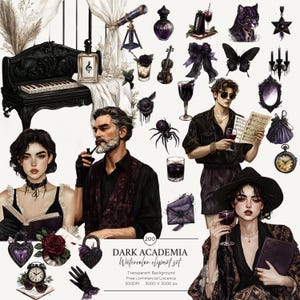Watercolor Winter Gothic Academia Clipart Bundle Goth Graphics Music Clipart Dark Academia stick Graduation Gothic Study PNG Commercial Use