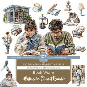 Bookworm Watercolor Clipart Bundle, Reading Lifestyle Designs (PNG, Digital Download)
