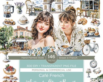 French Cafe Watercolor Clipart Bundle, 146 PNG Files (Digital Download)