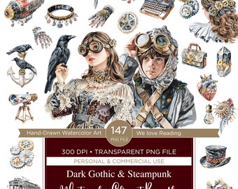 Steampunk aquarel clipartbundel, gotische png-afbeeldingen (digitale download)