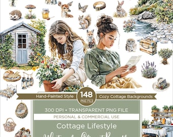 May include: Watercolor clipart bundle featuring a cottage lifestyle theme. The image includes illustrations of people, animals, flowers, and cottage-style objects. Text on the image reads "Hand-Painted Style", "148 PNG FILE", "Cozy Cottage Backgrounds", and "Cottage Lifestyle Watercolor Clipart Bundle."
