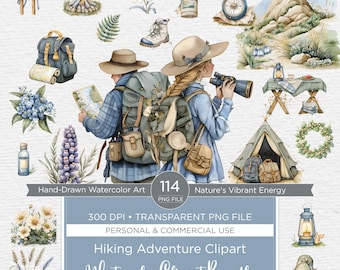 Aquarell Wandern Clipart Bundle, Camping Abenteuer (PNG, Kommerzielle Nutzung)