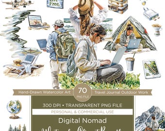 Digital Nomad Watercolor Clipart Bundle Laptop Coffee Travel Journal Outdoor Work PNG Files Boho Remote Life Art Junk Journal Sticker