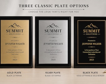 May include: Three rectangular plaques with black frames, each featuring the text SUMMIT SOLUTIONS, a mountain graphic, and the name JENNIFER WALKER. The options include a gold plate with black text, a silver plate with black text, and a black plate with gold text.