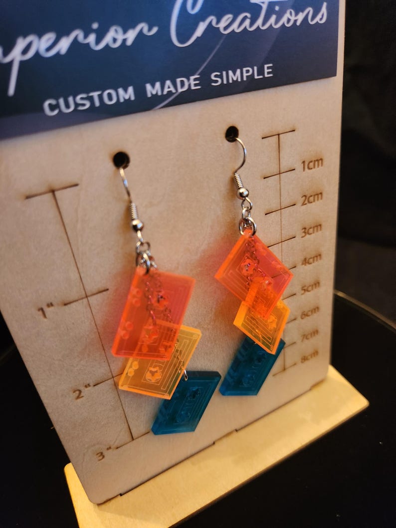 Retro Cassette Tape Dangling Earrings, nickel free, long or short Long w/ 3 Cassettes