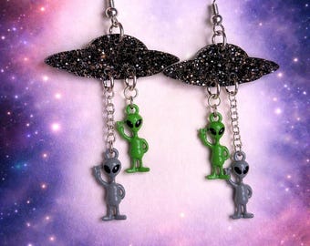 Glitter UFO Alien Dangle Earrings, Spaceship, nickel free