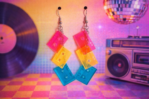 Retro Cassette Tape Dangling Earrings,  nickel free, long or short