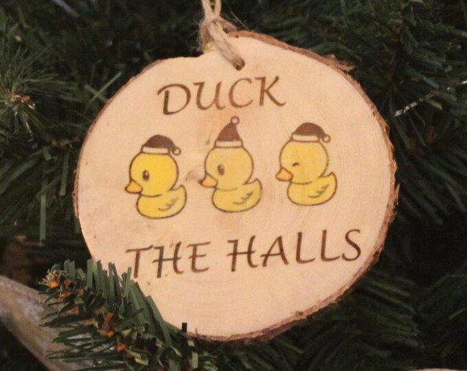 Handcrafted Ornaments, Wood Slice Tree Decorations, Santa Duckies Puppy's first Christmas Design, Rustic Holiday Decor