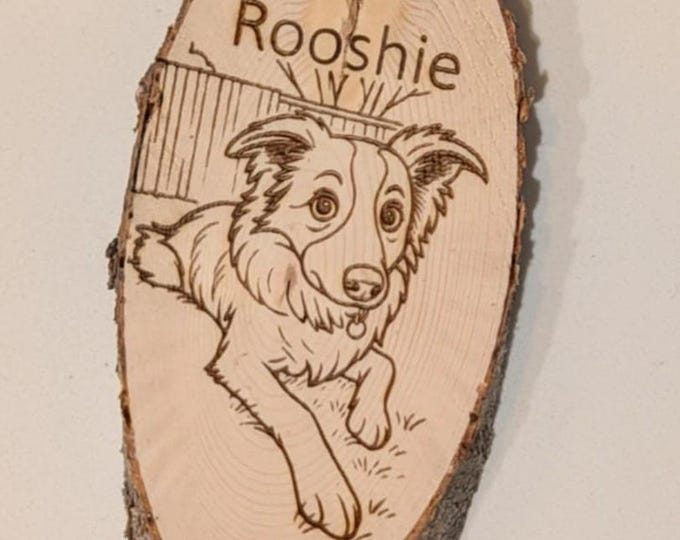 Handcrafted Custom Pet Ornaments, Wood Slice Tree Decorations, Natural Pine, Dog Cat Portrait, from Photo, Rescued and Repurposed Gift