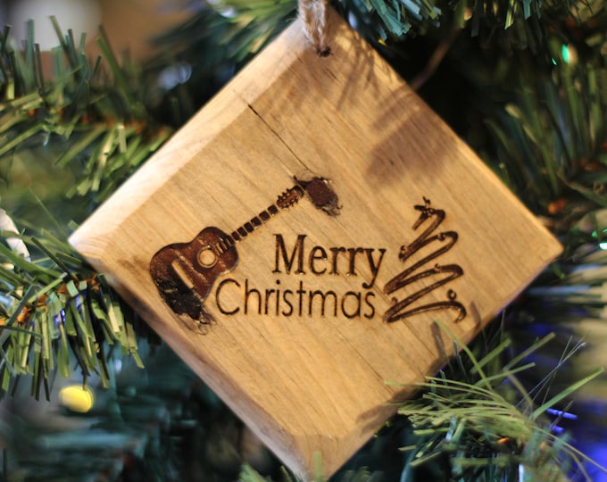 Handcrafted Music and Band Ornaments, Wood Slice Tree Decorations, Natural Pine, Tuba Trombone Guitar Flute Design, Rustic Holiday Decor