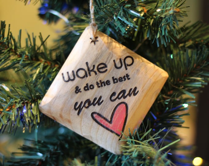 Handcrafted Ornaments, Mental Health, Wellness, Self-Care, Love, Wood Slice Tree Decorations, Natural Pine, Design, Rustic Holiday Decor