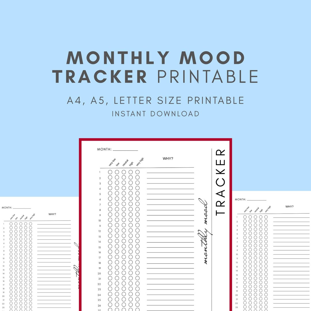 Monthly Mood Tracker Printable, Daily Mental Health Journal Page, A4 ...