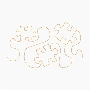May include: A line drawing of three puzzle pieces connected by a continuous line. The puzzle pieces are outlined in brown and are against a white background.