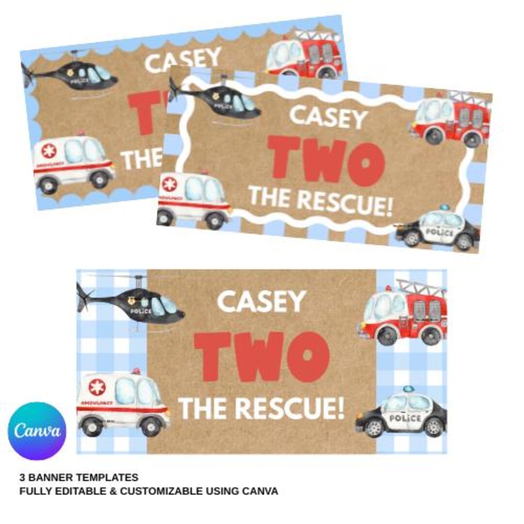Two The Rescue Backdrop TWO the Rescue Birthday Banner Template Bundle of 3 | Emergency Vehicle ...