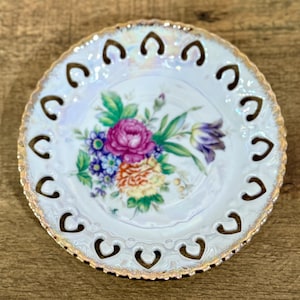relco creation Lusterware pierced saucer. hand painted floral design with gold rim