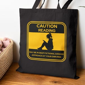 Caution Reading Tote Bag, Book Lover Gift, Reading Bag, Literary Tote, Reading Accessory, Eco-Friendly Shopping Tote