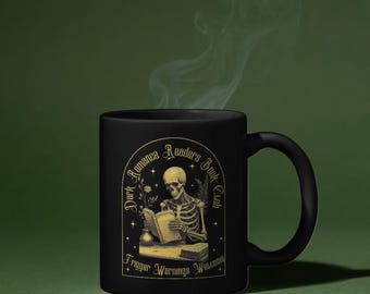 Gothic Skeleton Reader Mug | Dark Romantic Book Club Design | Coffee Tea Gift, Spooky Halloween Decor, Unique Literary Gift