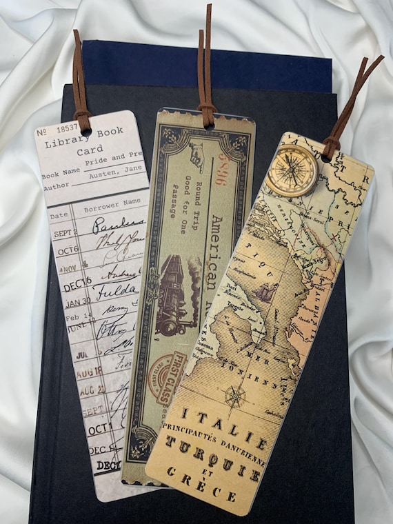 Vintage Bookmarks Set, Railway Ticket, Library Card, Treasure Map