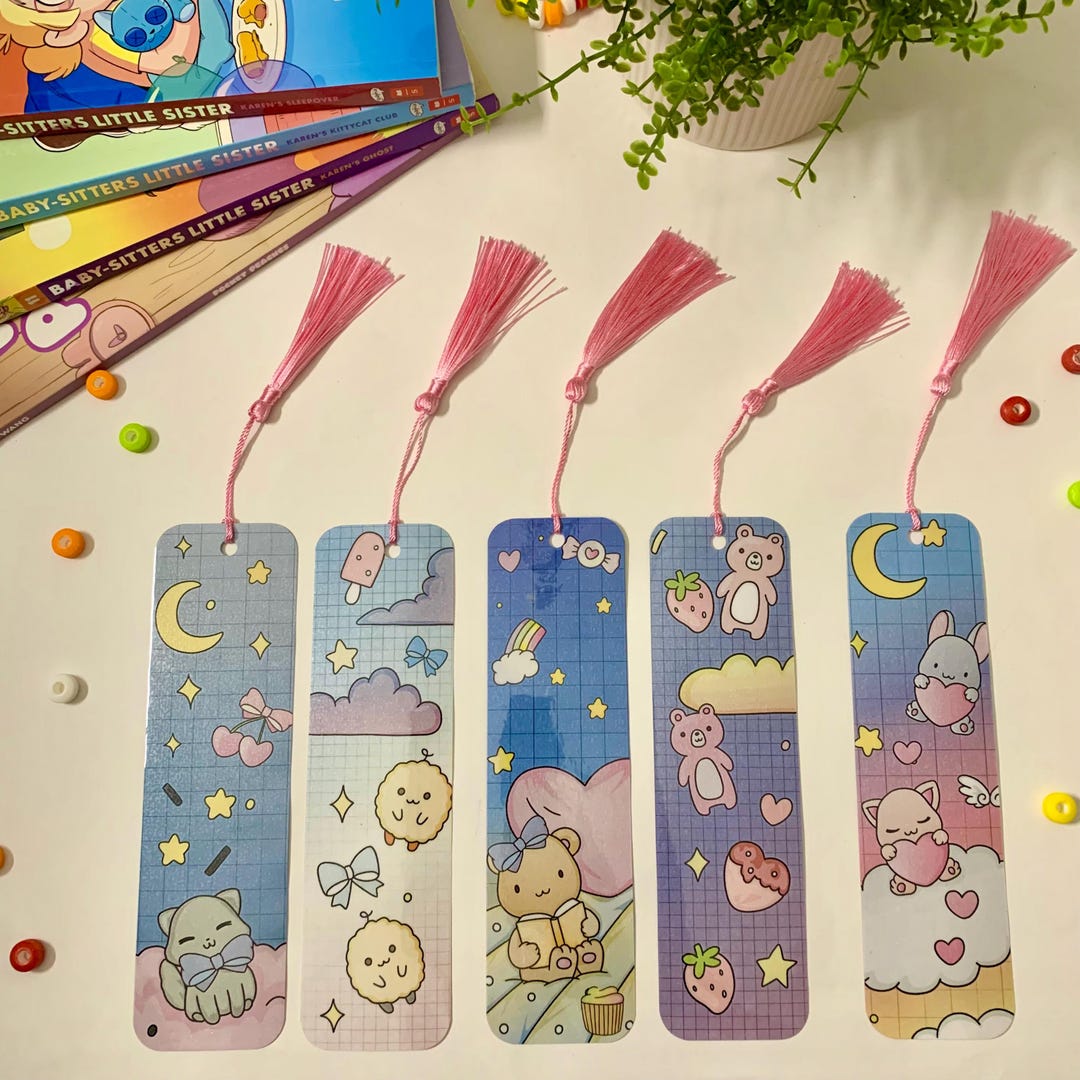 Kawaii Kids Bookmarks – Cute Cartoon Characters With Pink Tassels ...