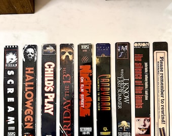 VHS Horror Bookmarks | 80's-90s Horror Movie Spine Bookmarks | Scream, Halloween, Blockbuster and More | Retro Bookish Gift for Horror Fans