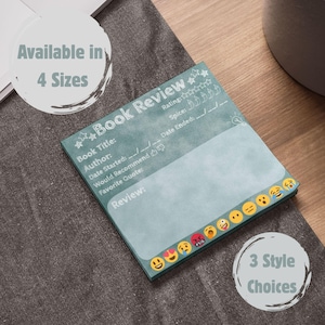 May include: A teal Book Review notepad with white text, including fields for book title, author, and review. The notepad features a rating section with stars and a spice level indicator. It has a border of emoji faces and is available in 4 sizes and 3 style choices.