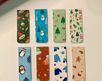 Christmas Wrapping Paper Themed Magnetic Bookmarks – Festive Reader Gift, Stocking Stuffer for Book Lovers, Set of 8 Magnetic Page Markers