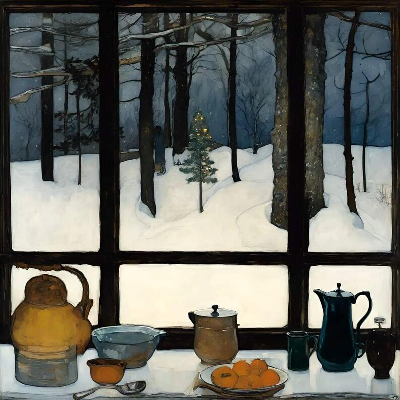 May include: An oil painting depicts a winter scene viewed through a window. Outside, a snowy forest with tall trees and a small decorated Christmas tree is visible. Inside, a yellow teapot, bowls, and a plate of oranges sit on a white surface.